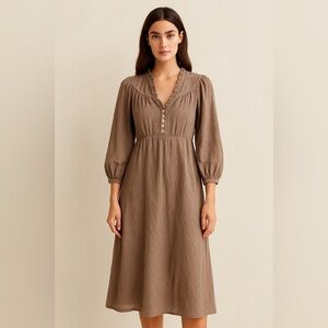 Ella Moss Midi Dress SMALL Taupe Brown Swiss Dot Prairie Cottage Coquette